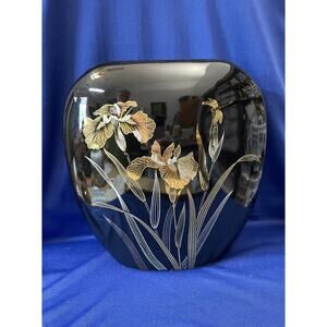 Gloss Black Asahi Japan Vase with Iris Design